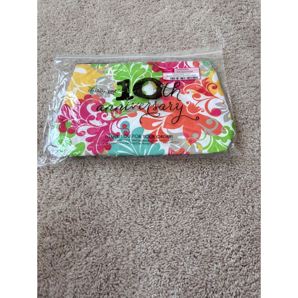 Thirty-One Island Damask Thermal Zipper Pouch 10th Anniversary Bag New in Pkg